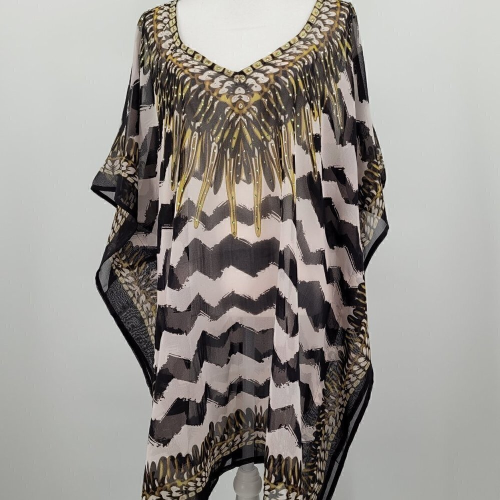 Aqua Blue V Neck Printed Short Caftan /Cover Up